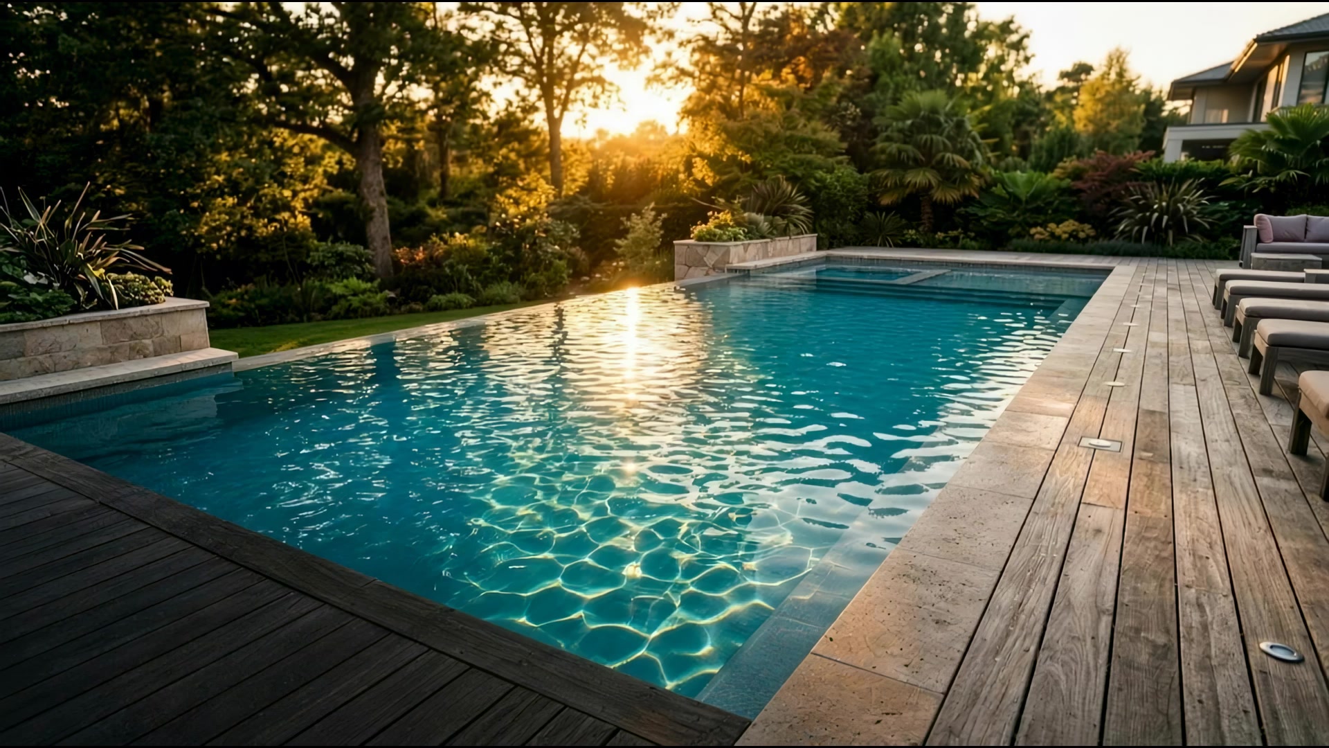 Une piscine sur-mesure, eau turquoise et plage en bois au coucher du soleil