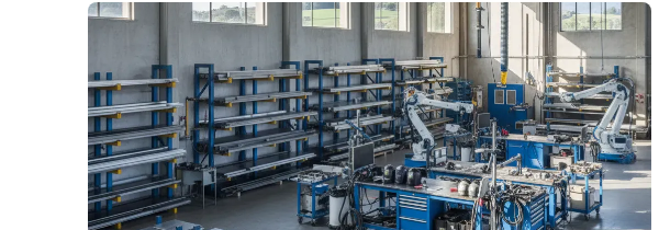 Intérieur de l'atelier de métallerie à Maurs avec racks d'acier et postes de travail