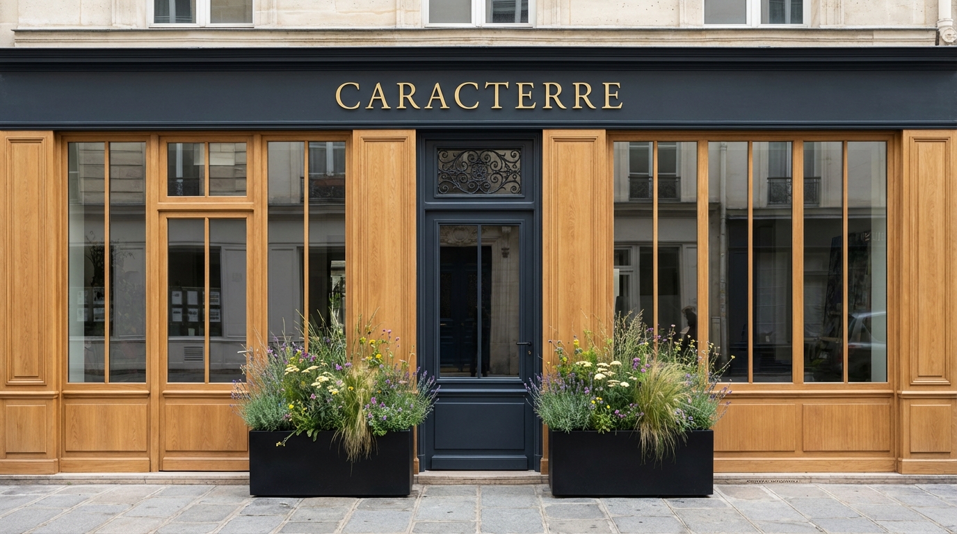 Devanture de l'atelier Caracterre à Boulogne-Billancourt : façade bois et bleu nuit, bacs de graminées
