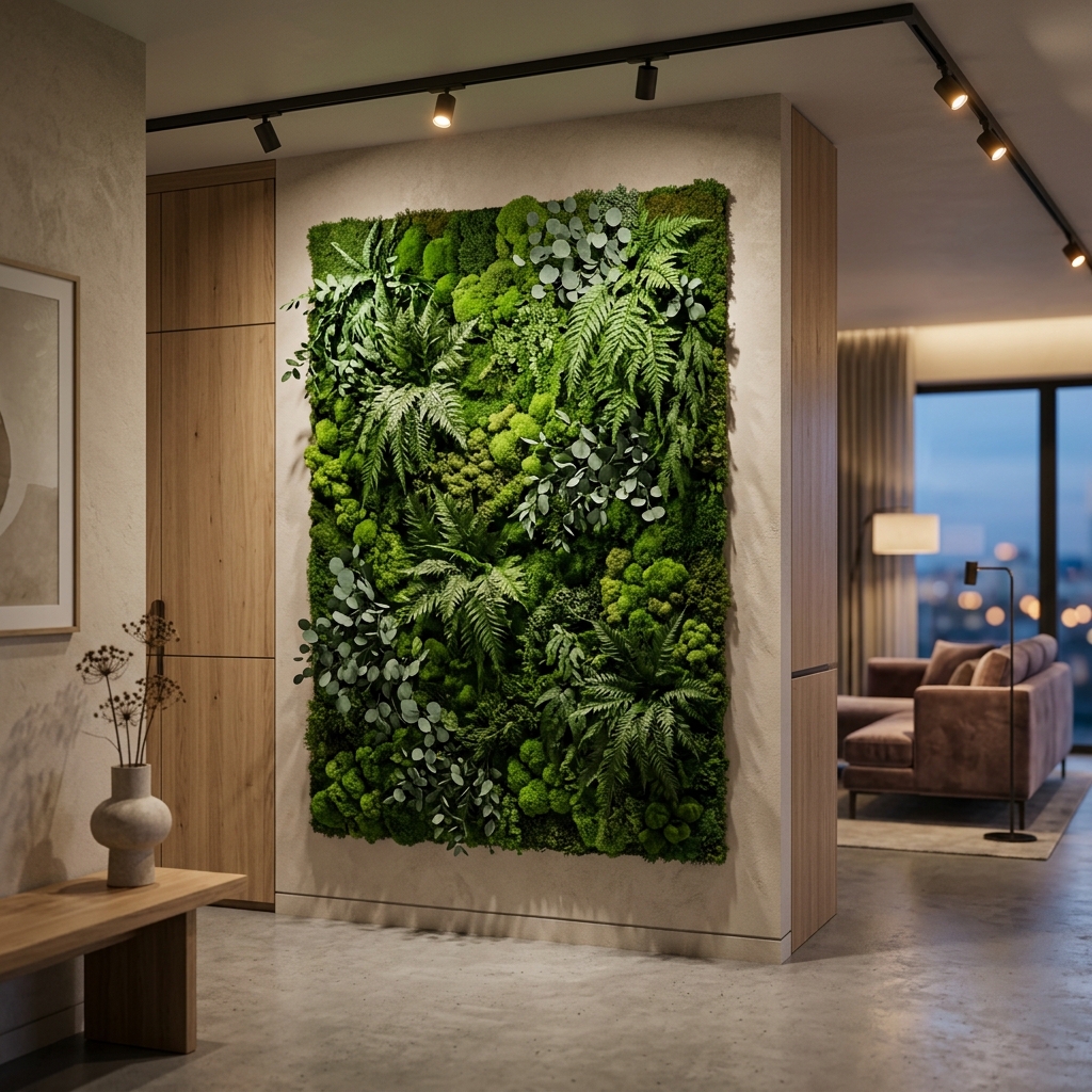 Mur végétalisé luxuriant intégré dans un intérieur contemporain à la tombée du jour