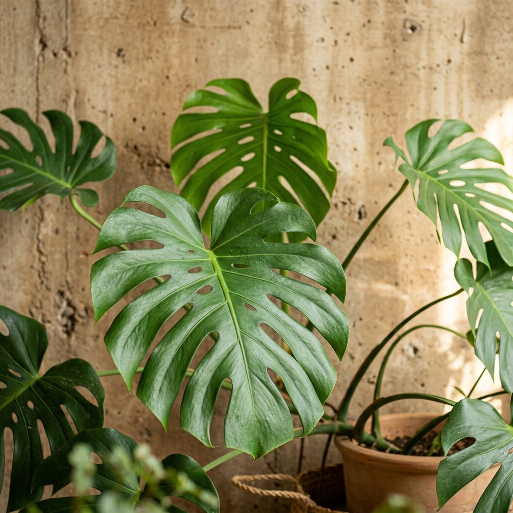 Feuilles de monstera en gros plan devant un mur de béton brut