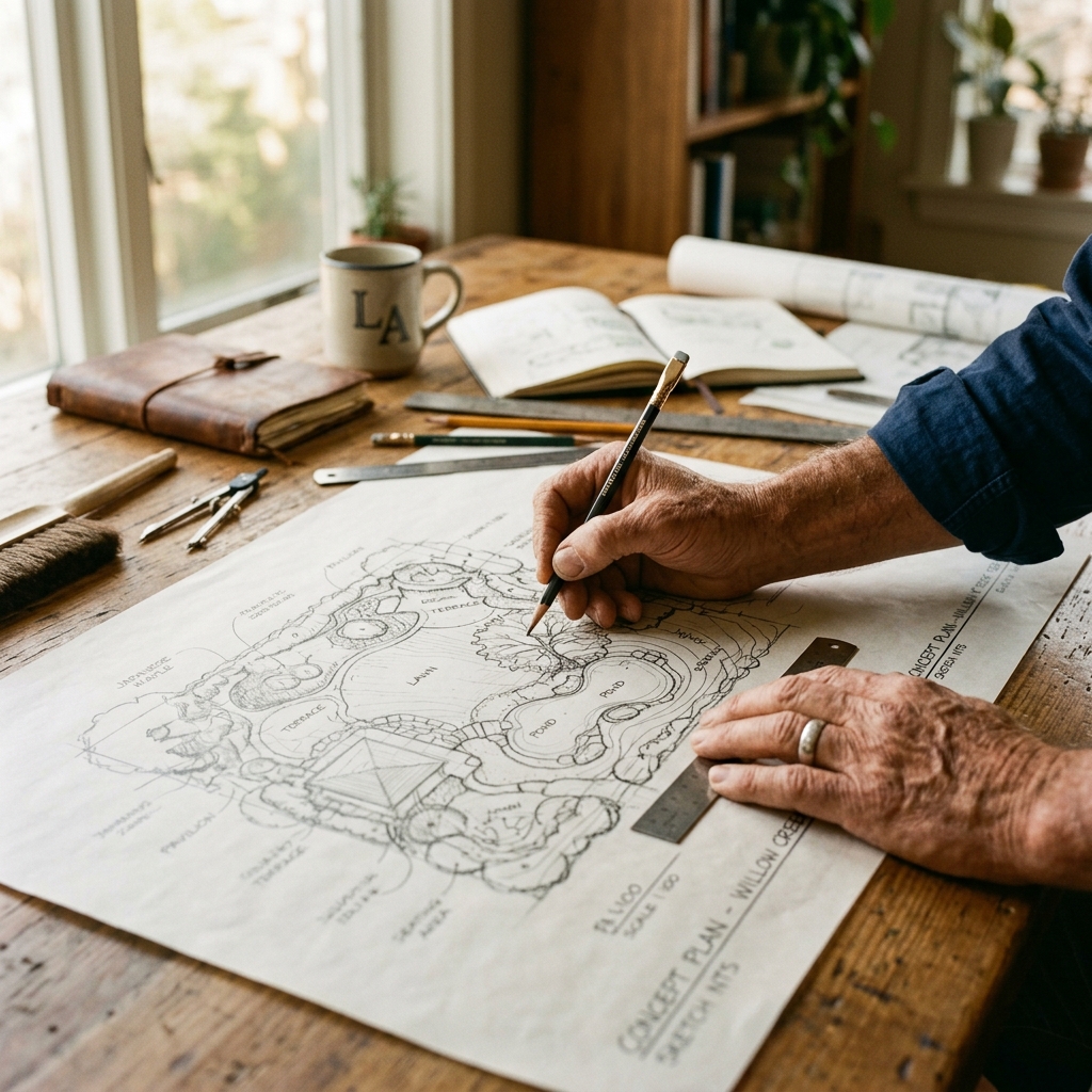 Mains dessinant un plan de jardin au crayon sur calque, outils de tracé posés sur une table en bois