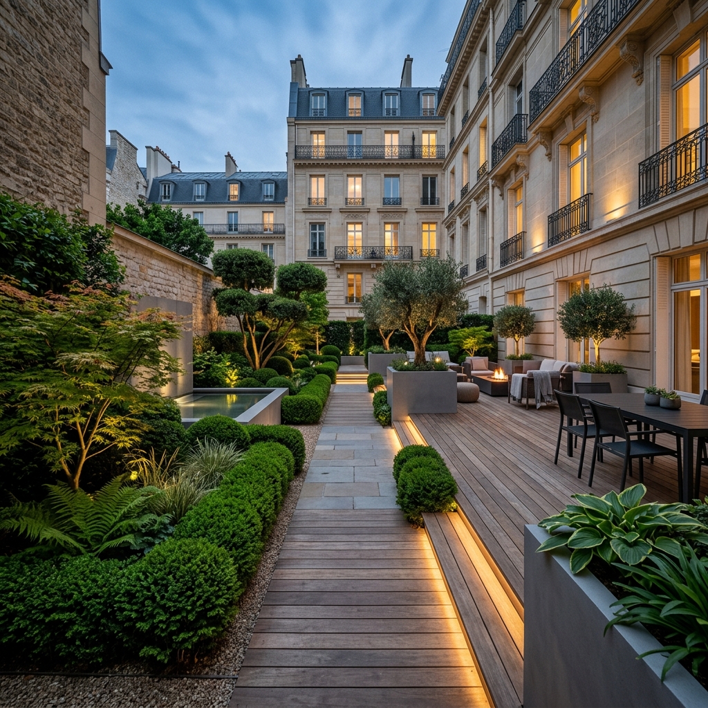 Jardin-terrasse parisien aménagé par Caracterre au crépuscule