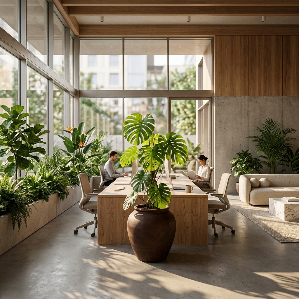 Bureau paysager planté, jardin d'hiver intérieur