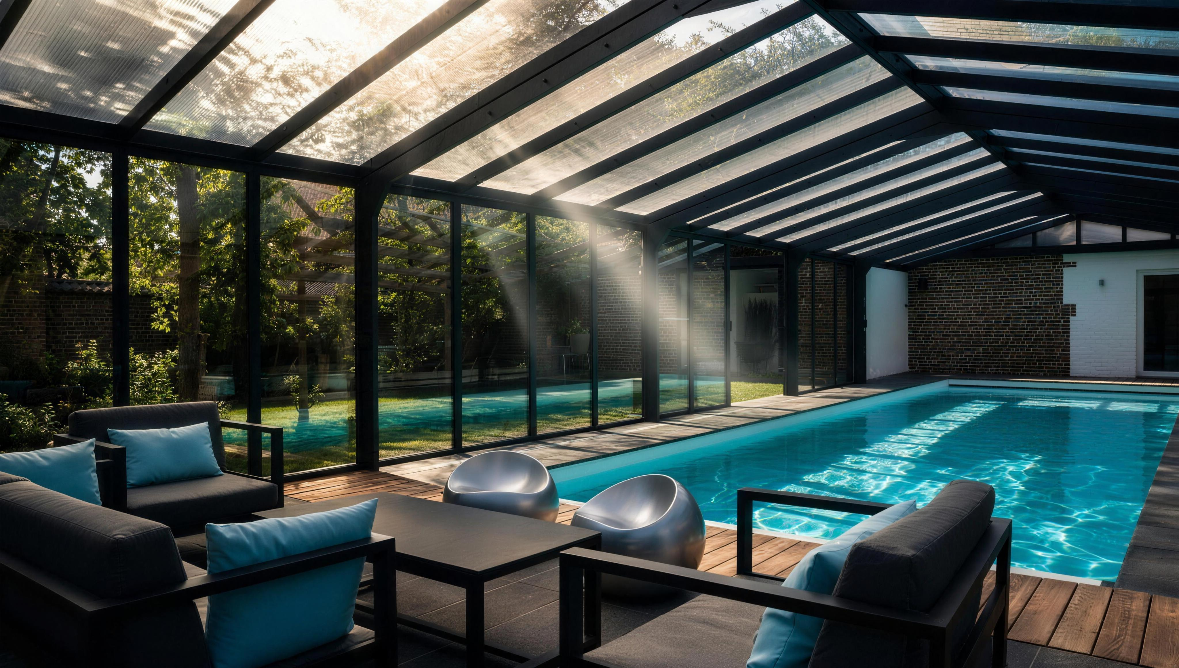 Vue cinématique d'une piscine couverte, rayons de soleil traversant la verrière