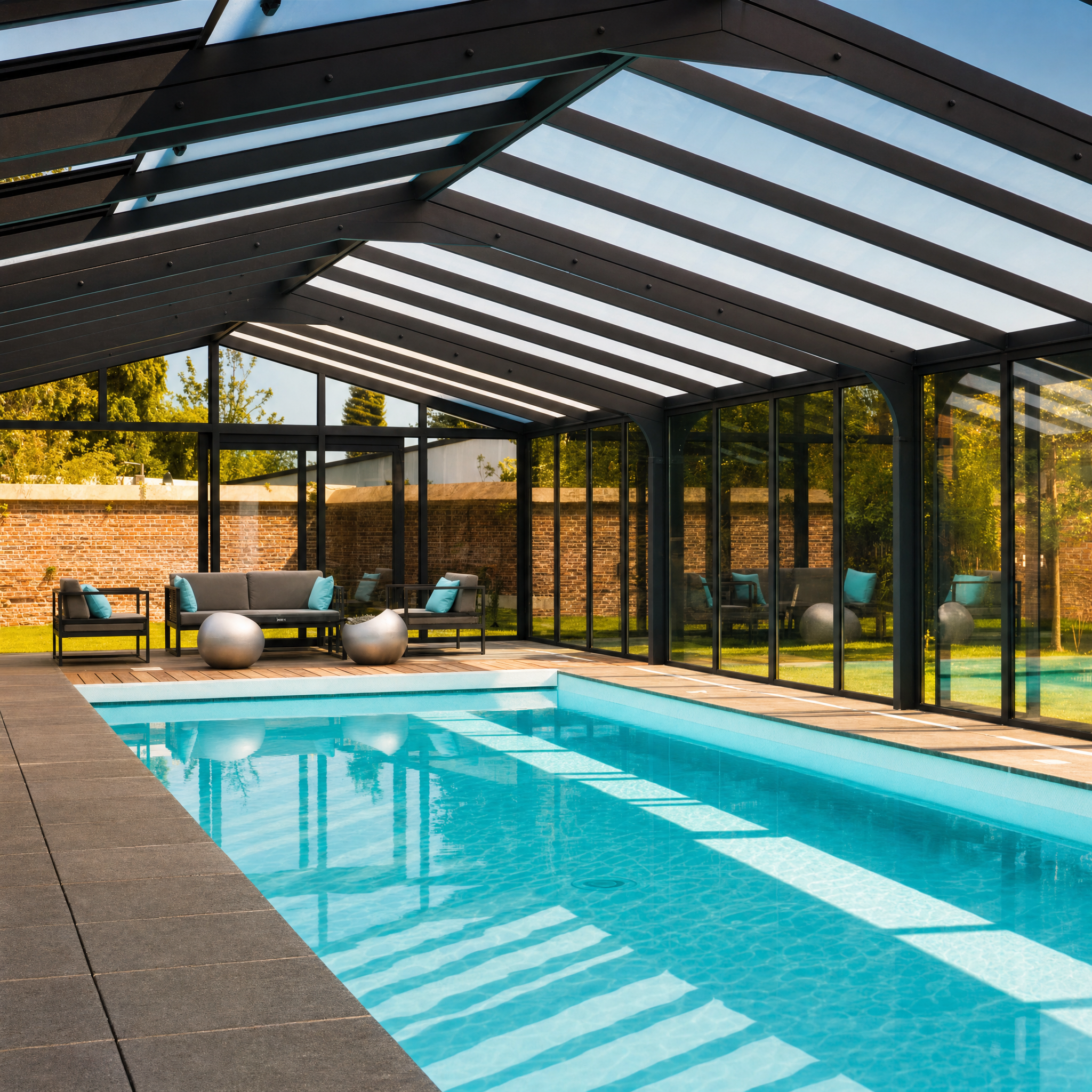 Piscine intérieure avec verrière et deck bois, lumière dorée de fin d'après-midi