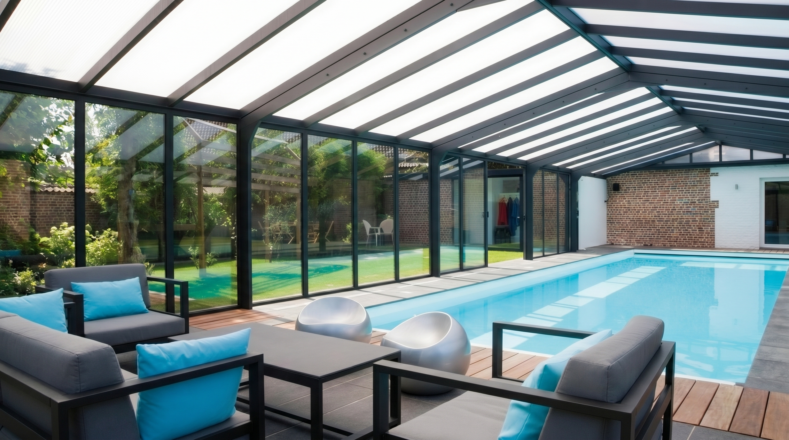 Vue d'ensemble d'une piscine sur mesure dans un jardin aménagé