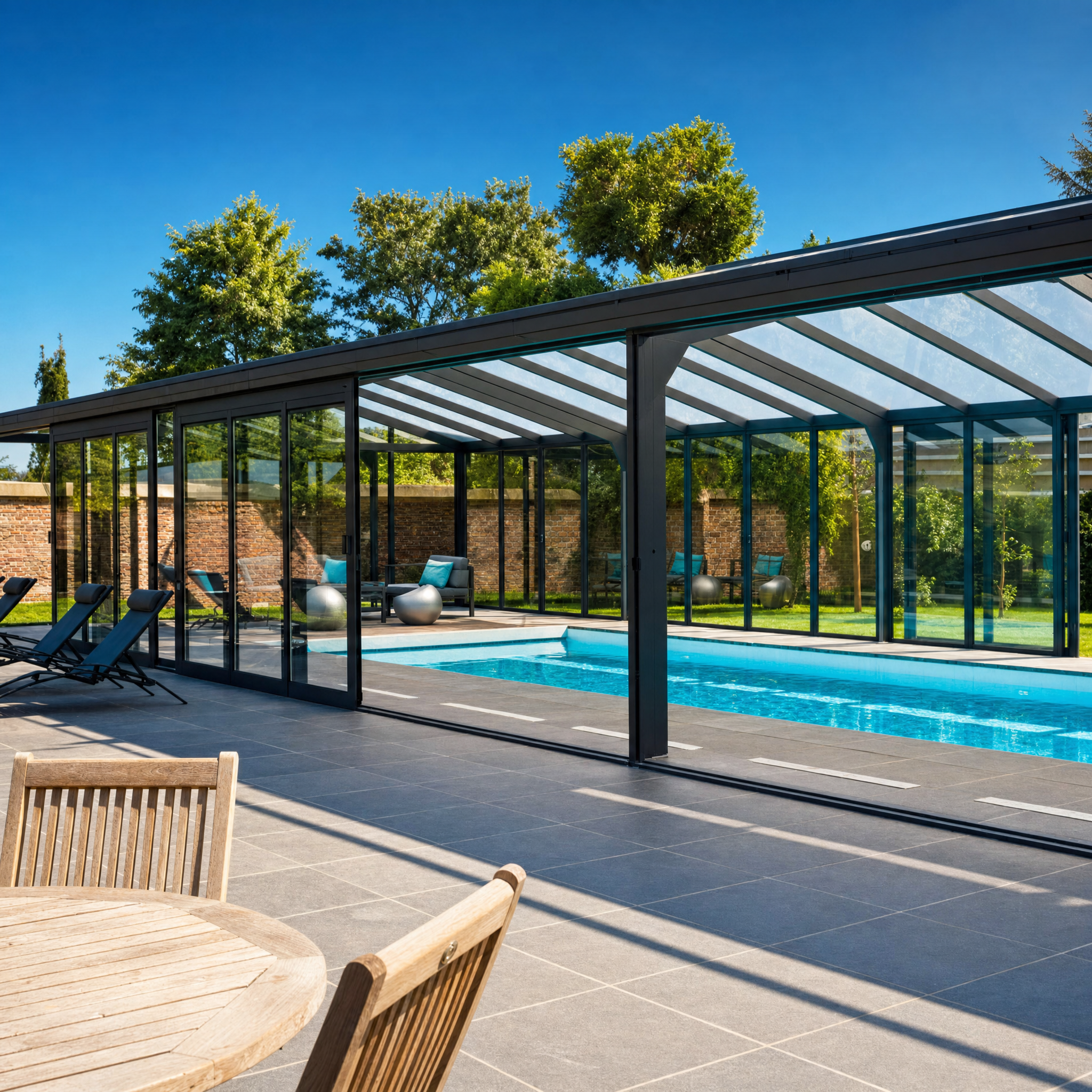 Piscine extérieure avec pergola, ciel bleu vif, eau turquoise et ombres nettes de la structure