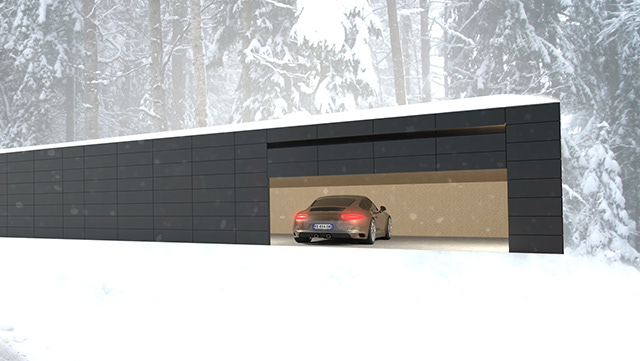 Maison contemporaine en facade sombre dans une foret enneigee
