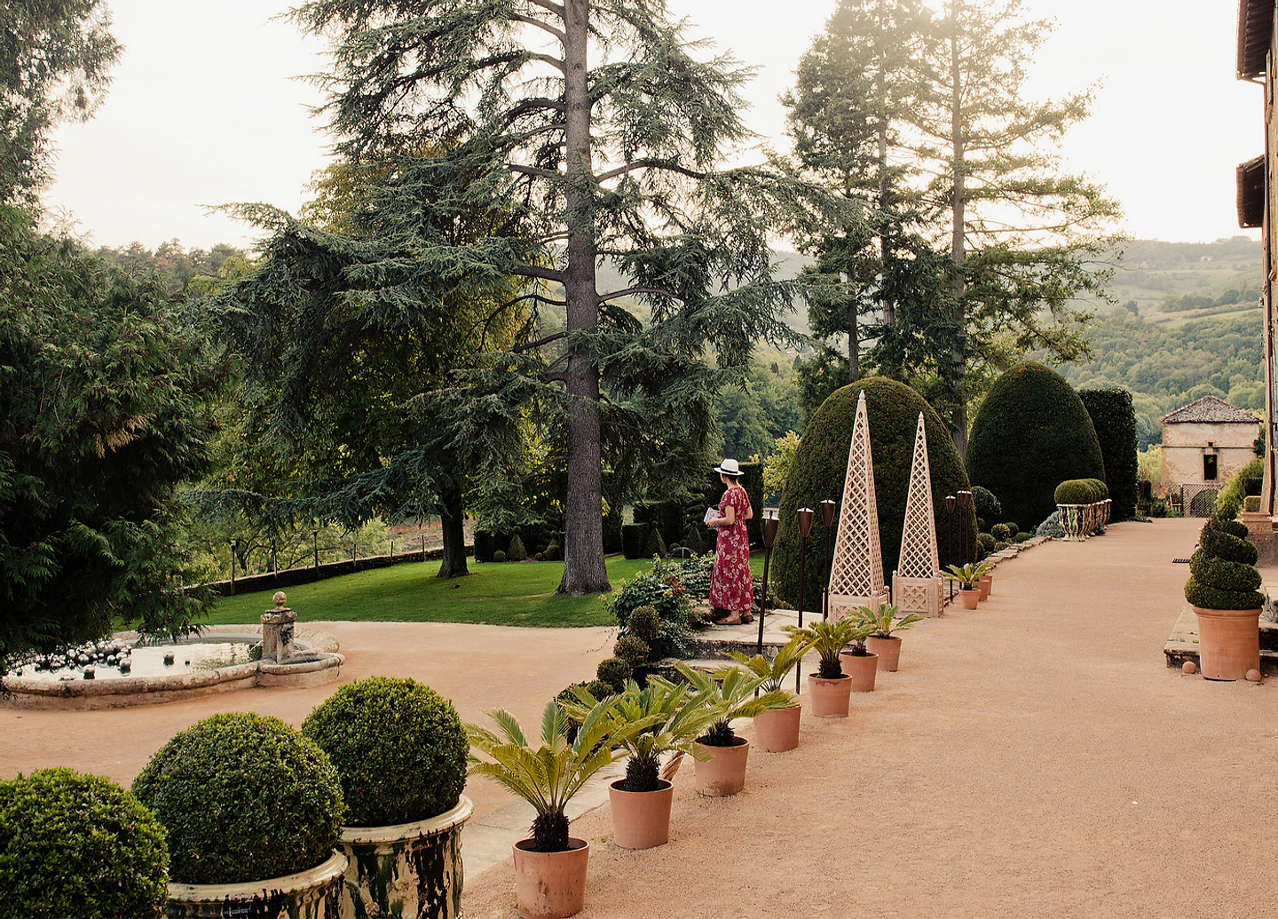 L'allee du Domaine de la Garde au crepuscule, topiaires et manoir en pierres dorees