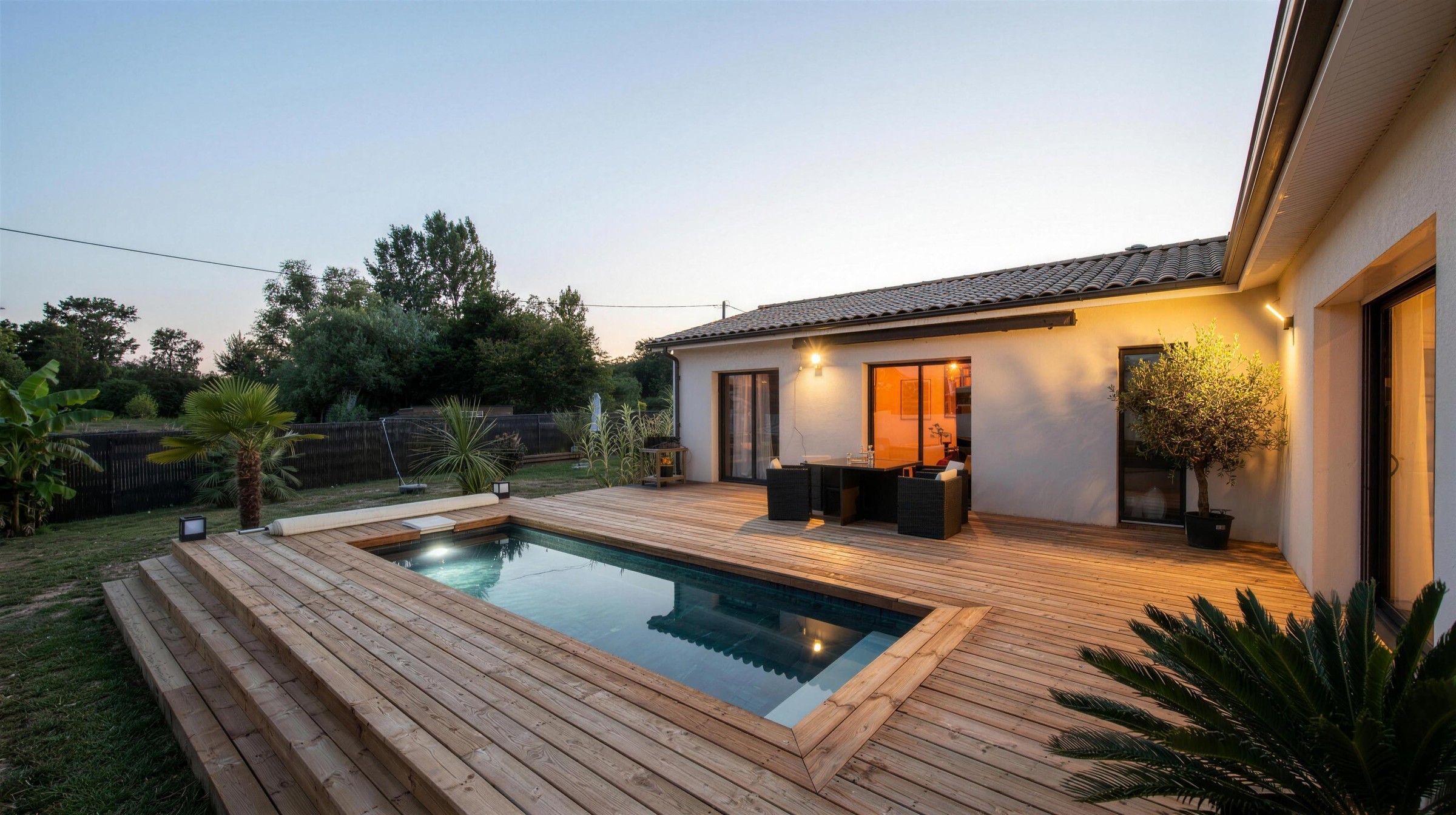Piscine avec terrasse bois et maison moderne éclairée à la tombée du jour