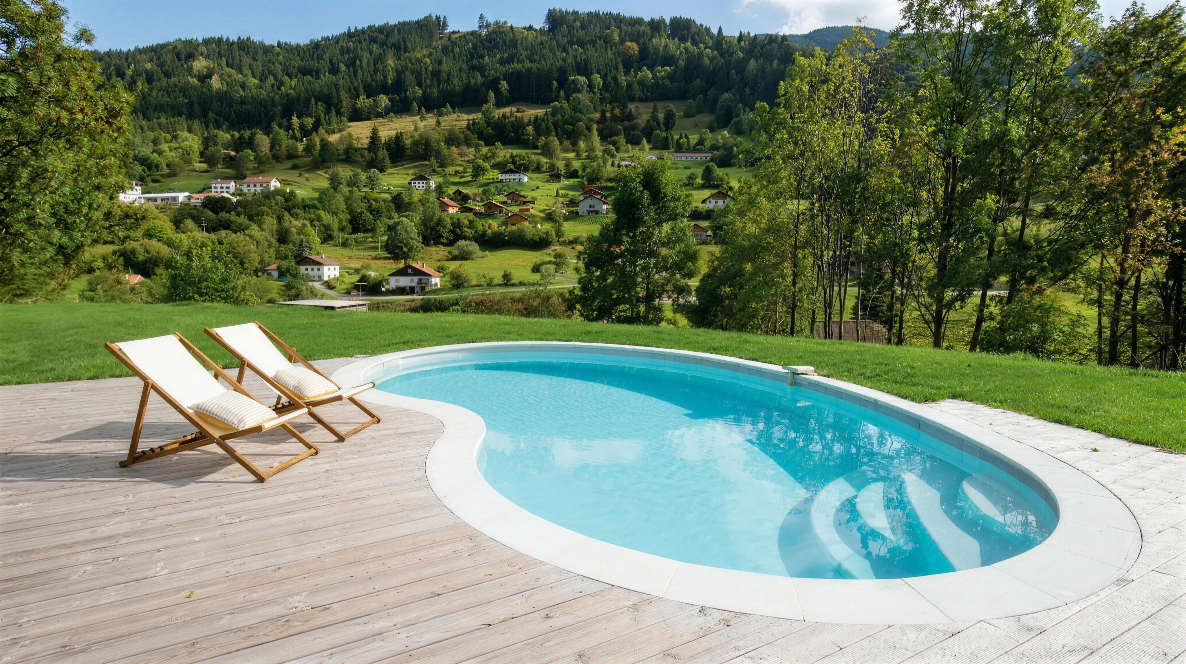Piscine coque turquoise EAUSOL surplombant une vallée verdoyante du Gers
