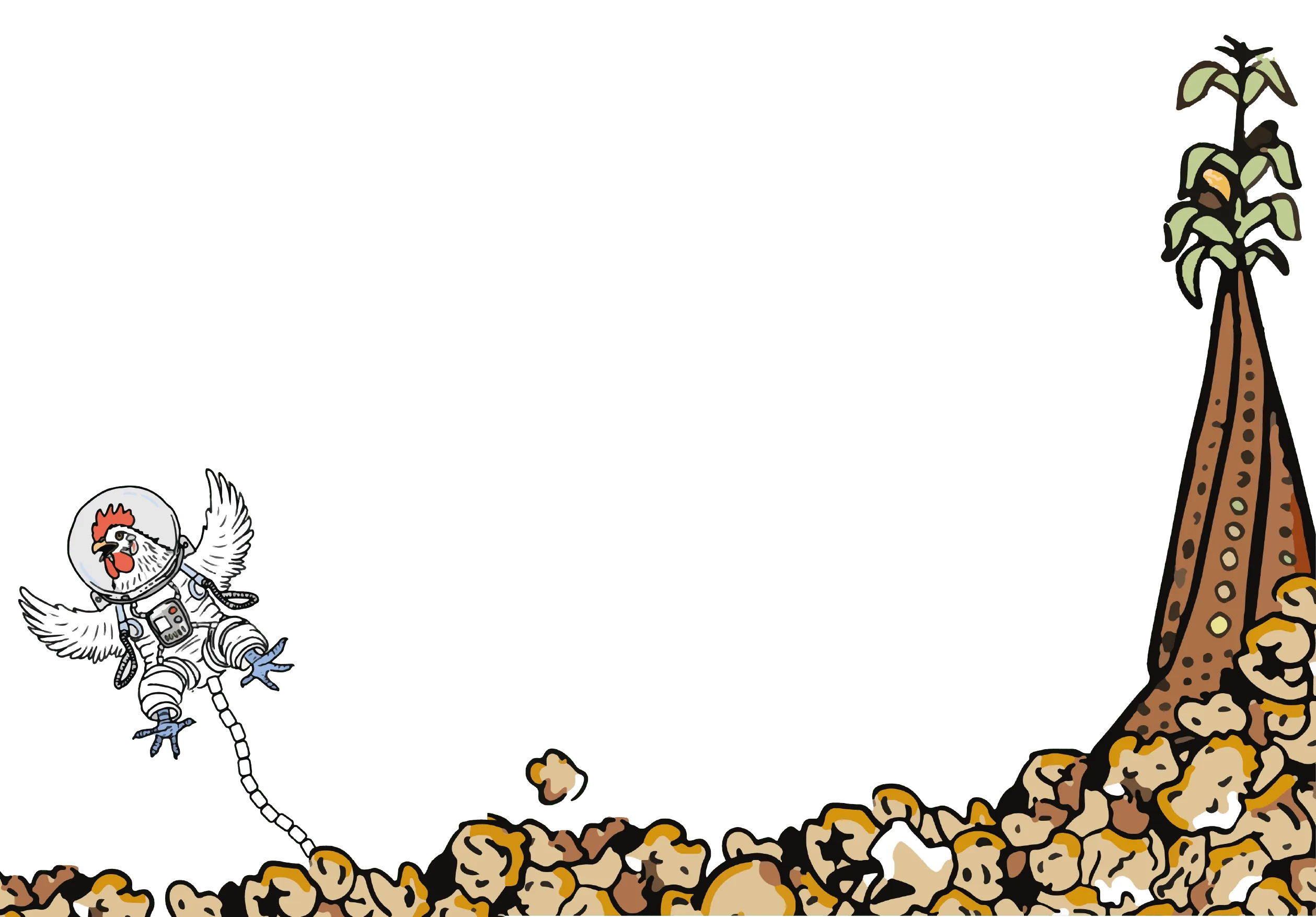 Mascotte du festival : une poule cosmonaute survolant une montagne de pop-corn