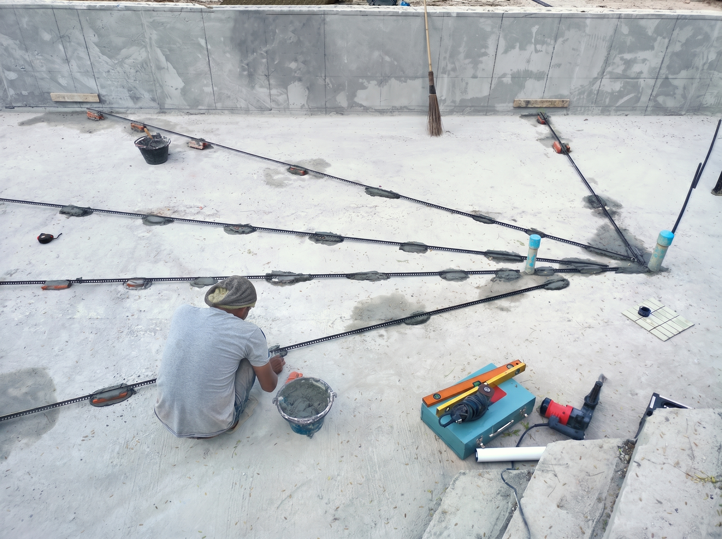 Chantier de construction de piscine en béton