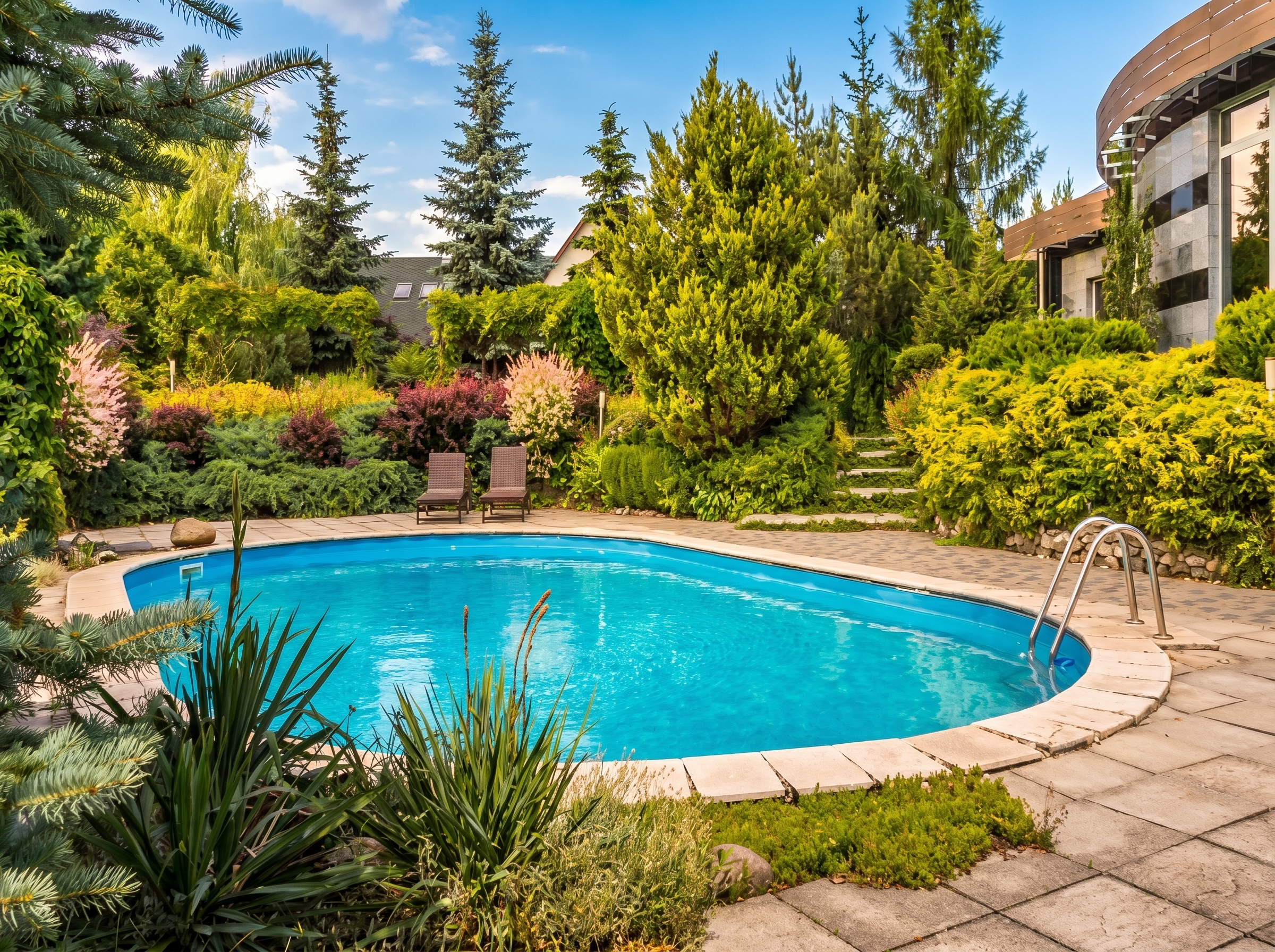 Piscine ovale dans un jardin arboré