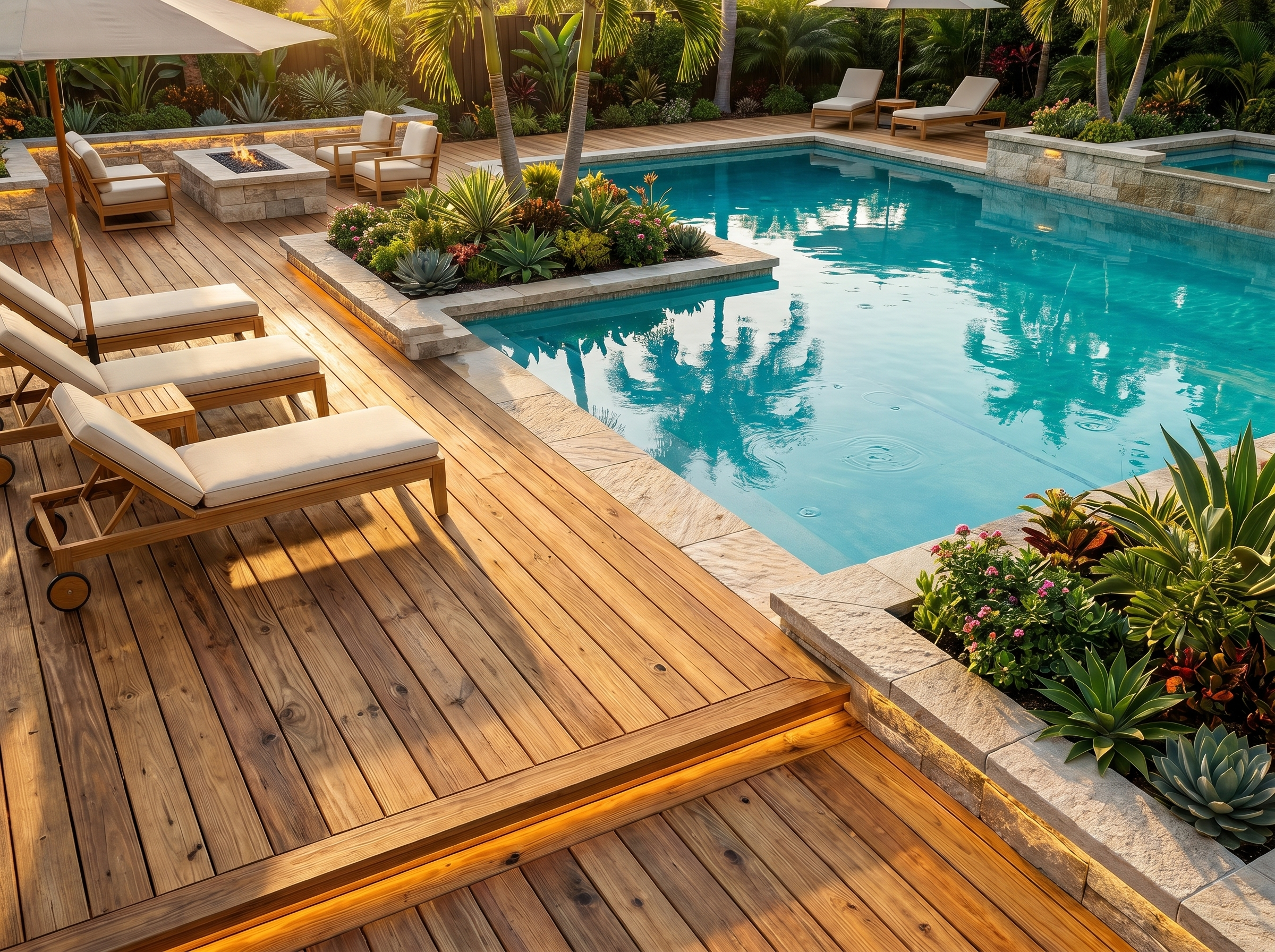Espace piscine avec terrasse bois et salon de jardin