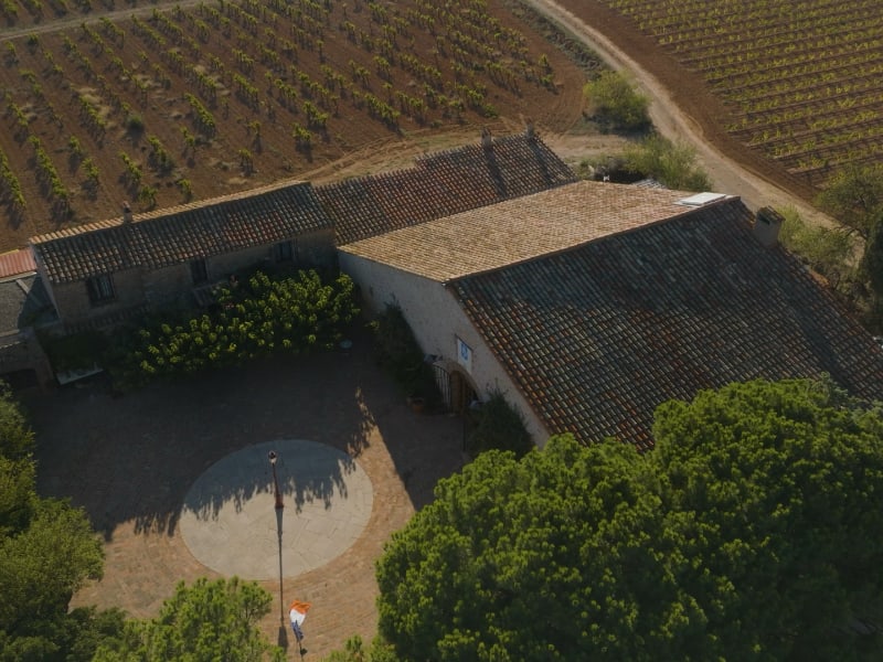 Vue aérienne du mas, de sa cour et du parc planté de pins