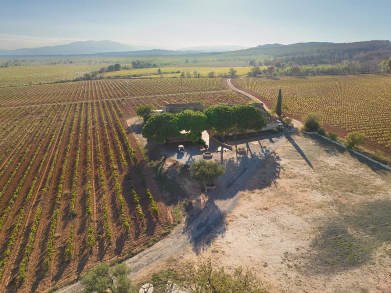 Vue aérienne du domaine au milieu des vignes, avec les Corbières en arrière-plan