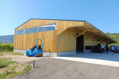 Bâtiment agricole en bois au cœur d'un vignoble, charpente débordante et bardage clair