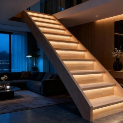 Escalier bois sur-mesure avec éclairage LED intégré, fabriqué par OéBa