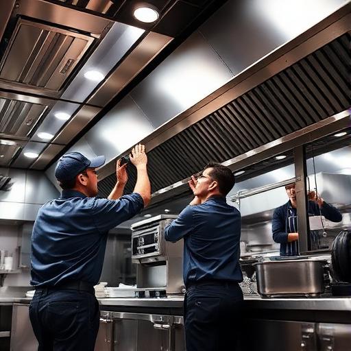 Techniciens Parinox installant une hotte inox dans une cuisine professionnelle