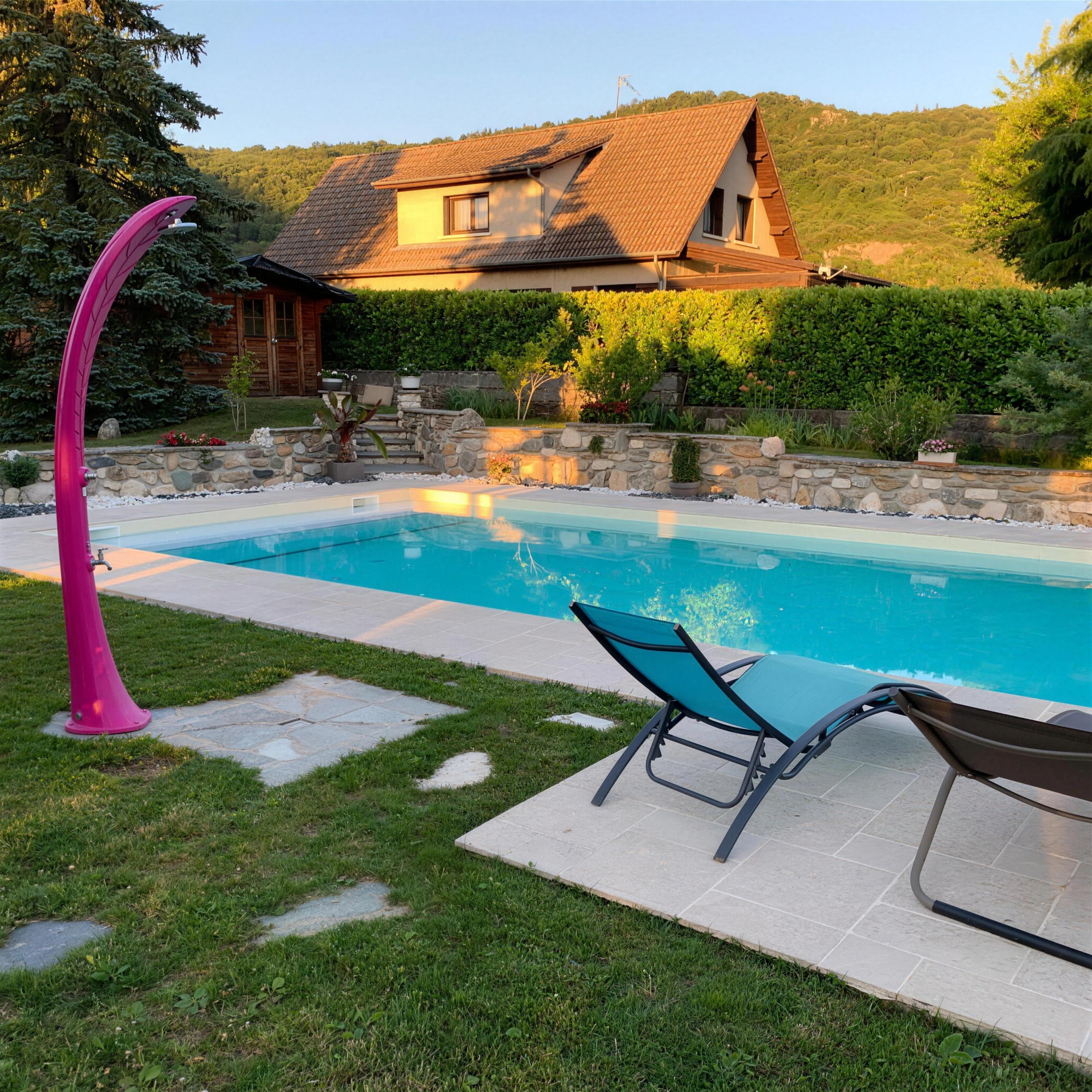 Piscine avec douche solaire rose au coucher de soleil