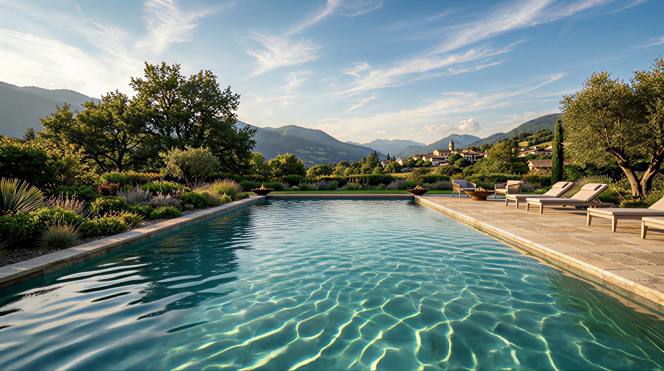 Piscine dans le Dauphiné, eau turquoise et montagnes