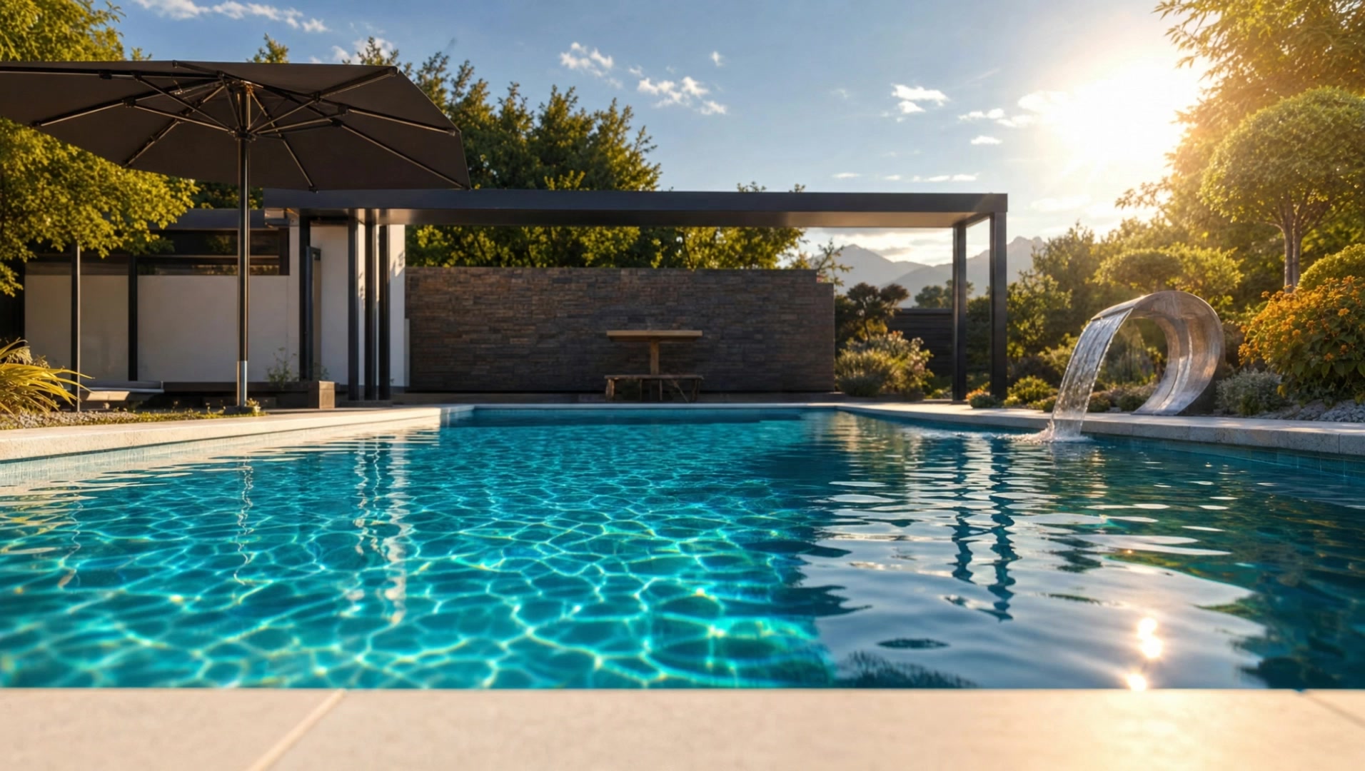 Piscine coque turquoise avec pergola en Haute-Savoie