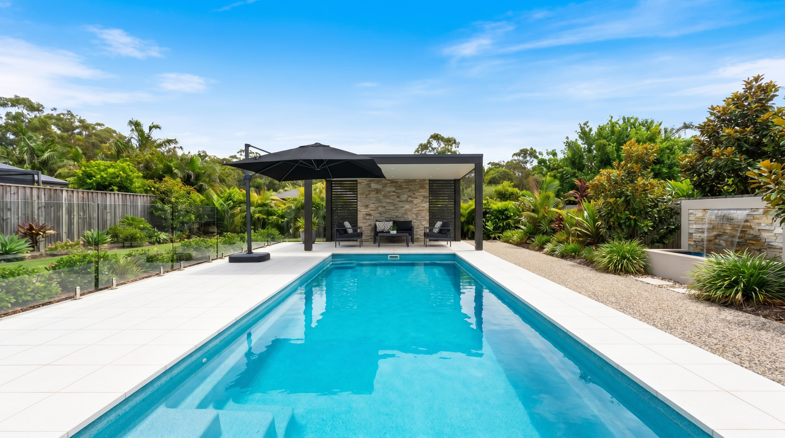 Piscine coque avec pergola et jardin paysager