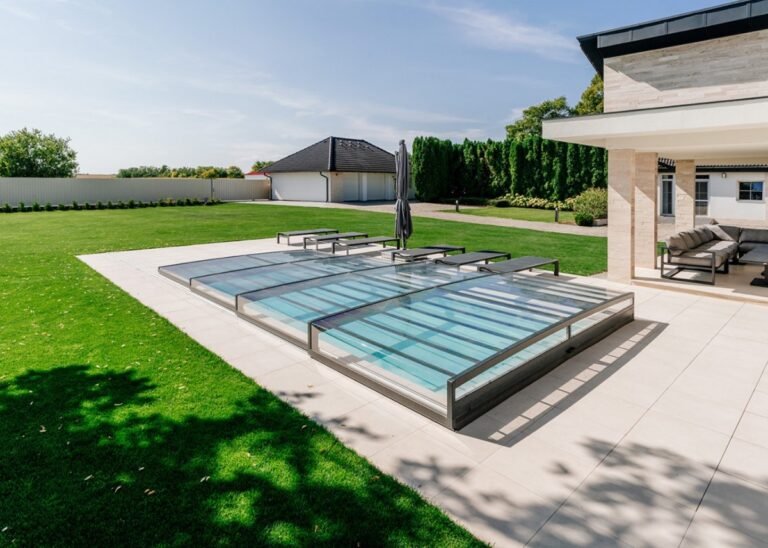 Piscine fermée par un abri coulissant bas et vitré sur une vaste terrasse, propriété contemporaine.