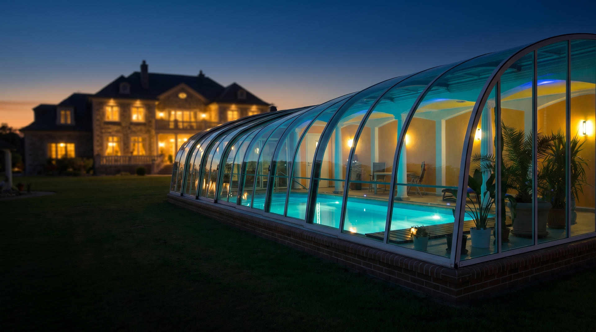 Piscine sous abri vitré télescopique éclairée au crépuscule devant un manoir, réalisation Piscine-Nature en Île-de-France