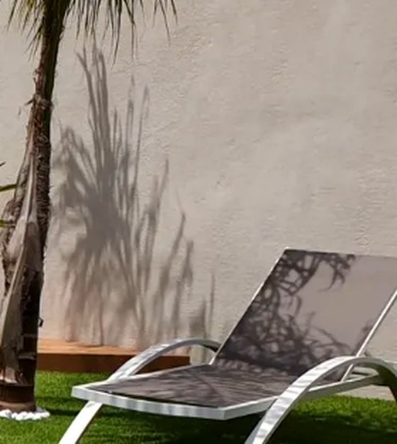 Terrasse de piscine aménagée avec transats et palmier, réalisation Piscines Freedom Paris