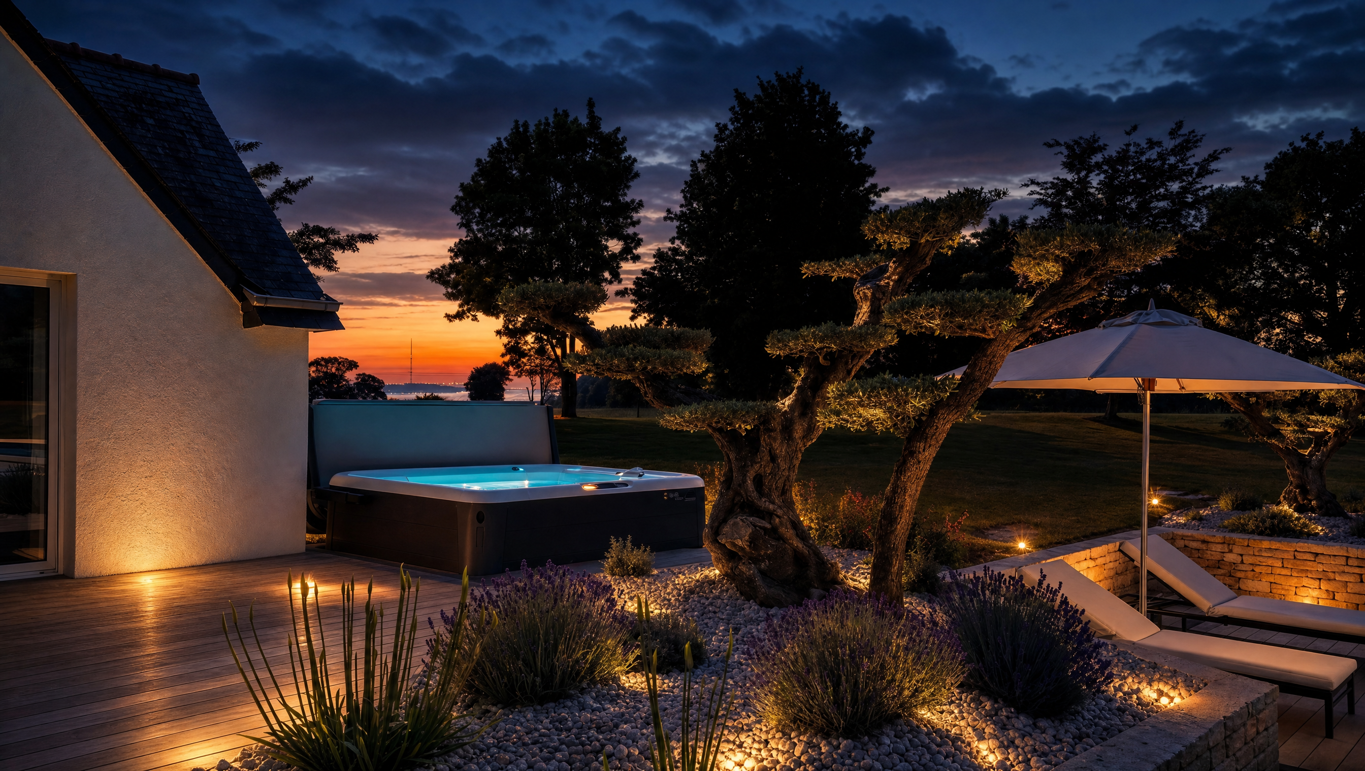 Spa Hotspring en terrasse, blue hour