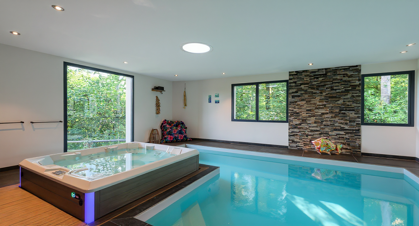Piscine interieure avec spa integre, lumiere naturelle