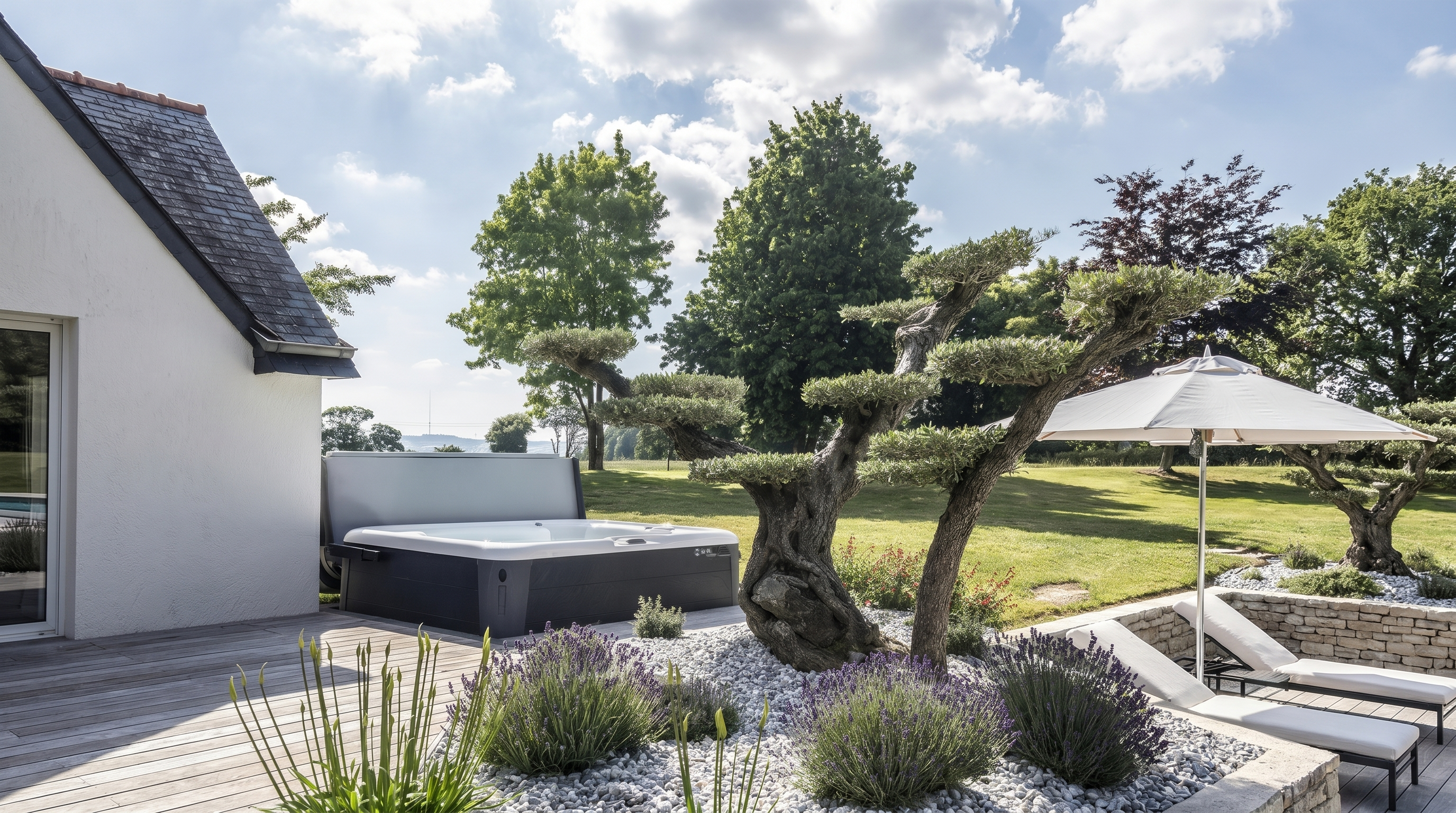 Spa Hotspring installe en jardin breton, terrasse ardoise et lavande