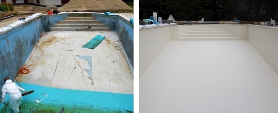 Avant / après : cuve de piscine dégradée et fissurée à gauche, même bassin rénové en résine polyester blanche et lisse à droite