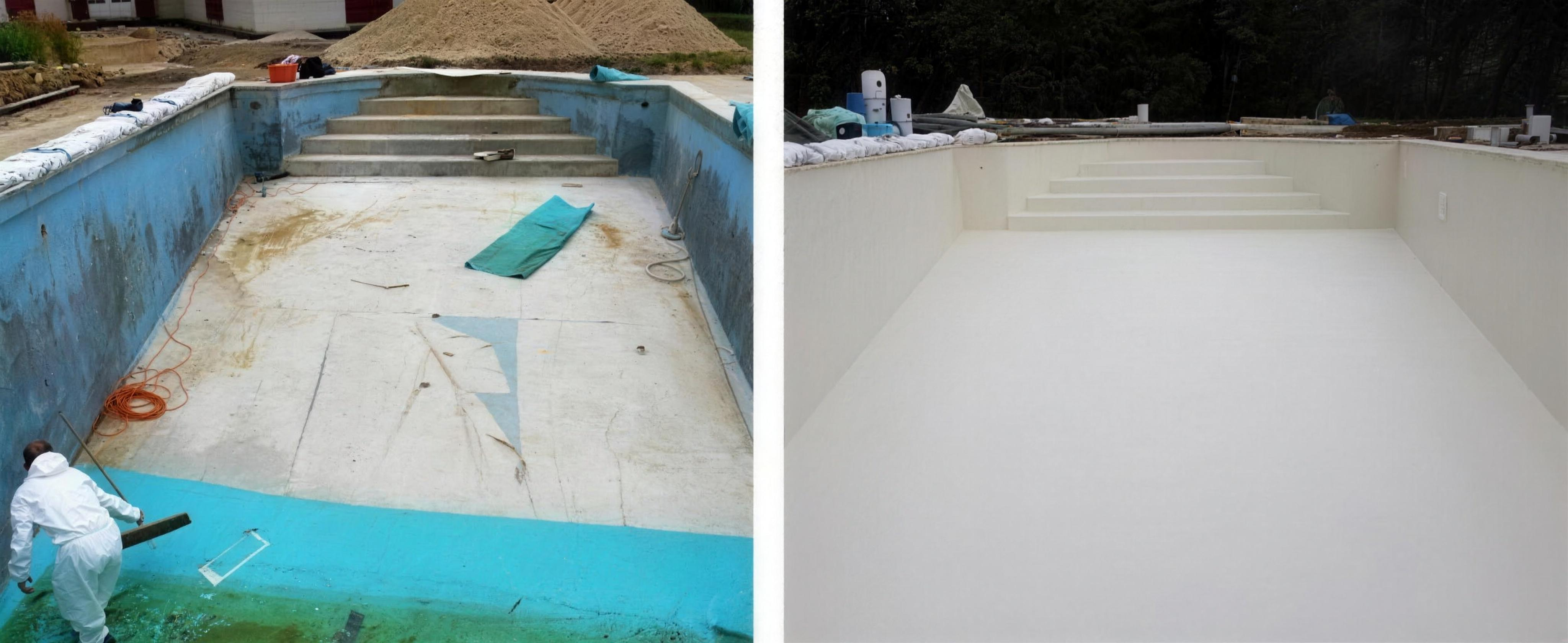 À gauche, un bassin béton fissuré et sale ; à droite, le même bassin recouvert de résine polyester blanche lisse