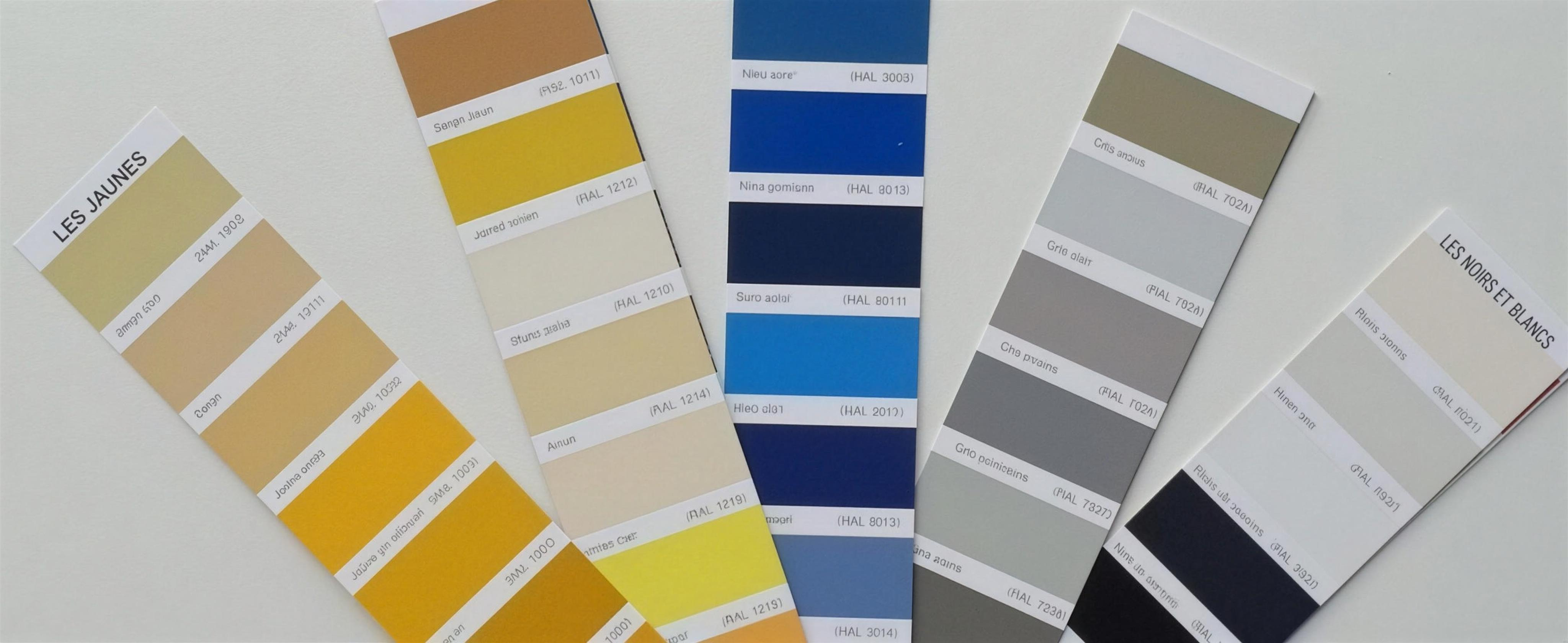 Nuanciers RAL ouverts en éventail, des jaunes aux bleus jusqu'aux gris et blancs