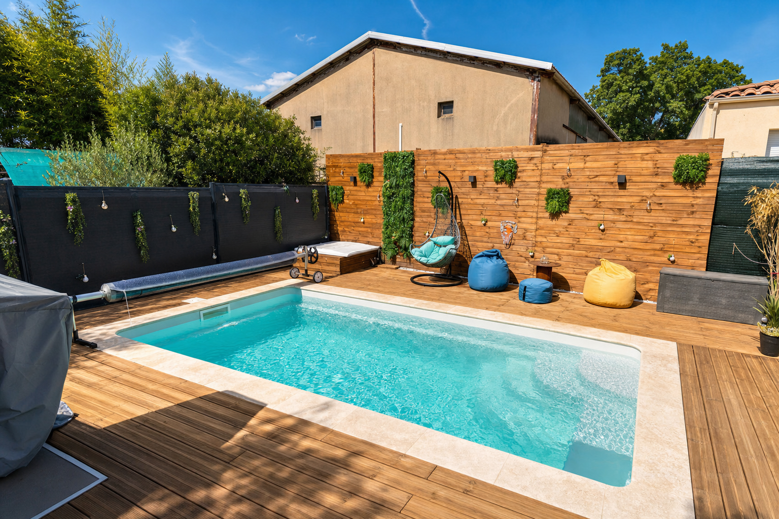 Petite piscine coque avec deck bois et vegetation