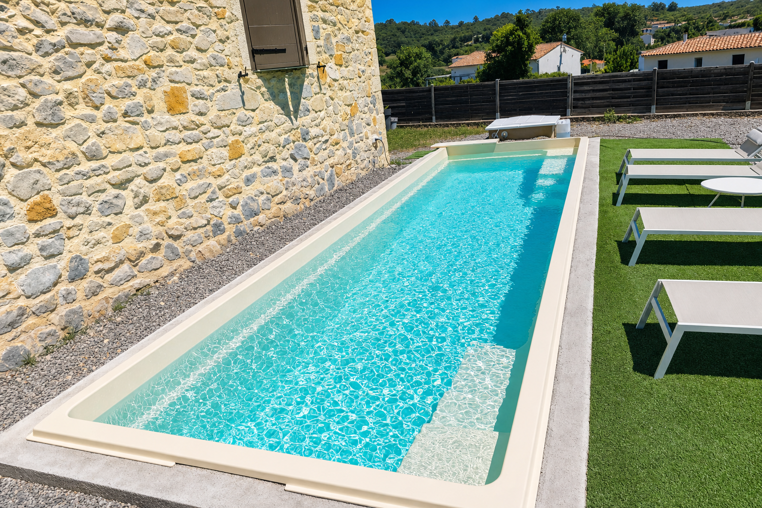 Piscine coque polyester installee en pierres naturelles, realisation S.I.P. Gard