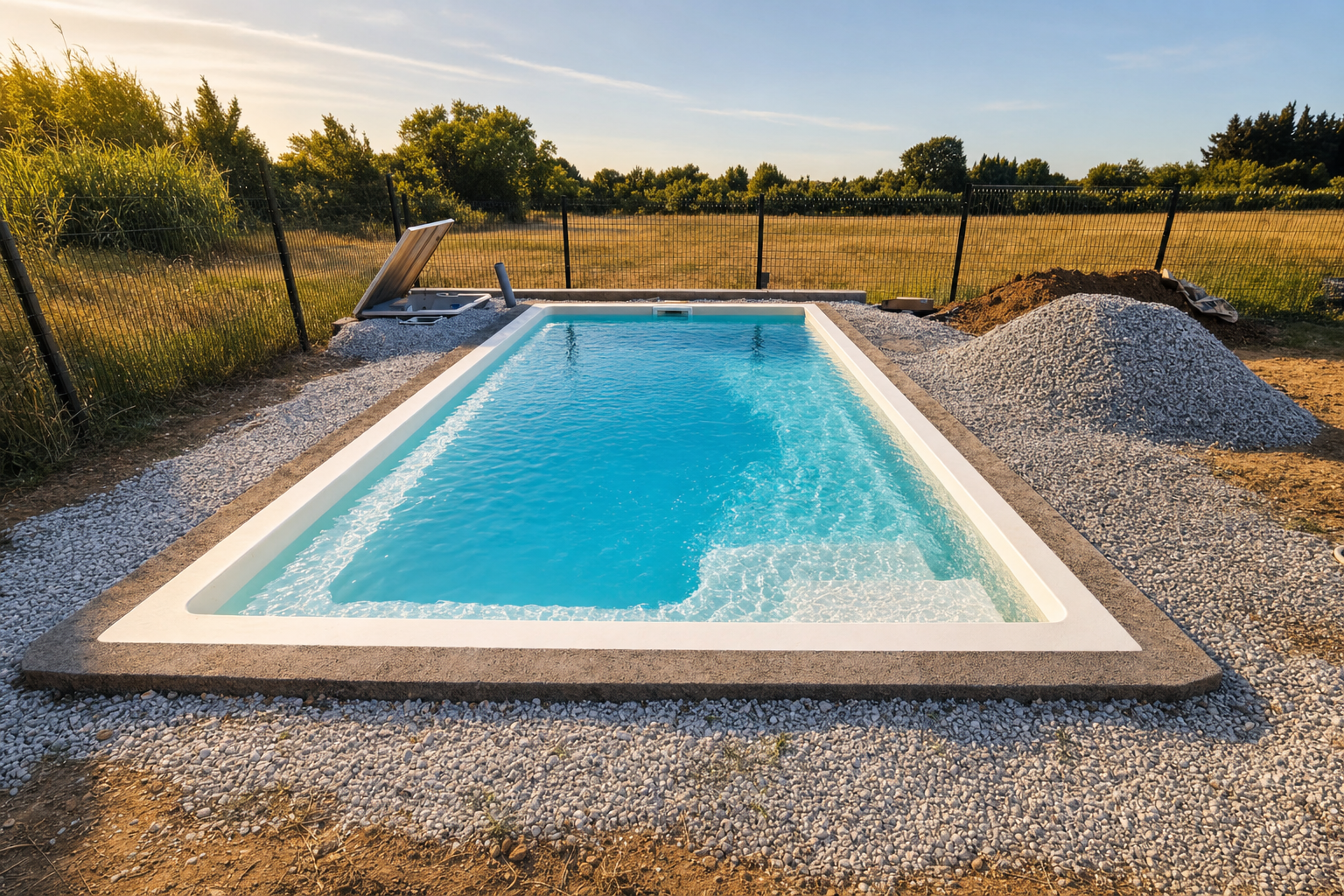 Piscine rectangulaire installée en campagne, lumiere dorée