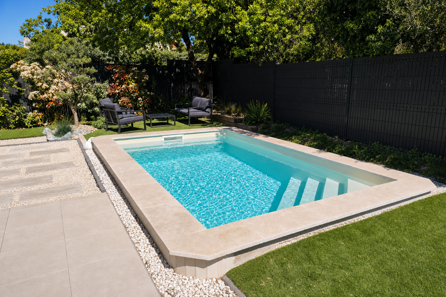 Piscine coque avec escalier roman, jardin vert soigne