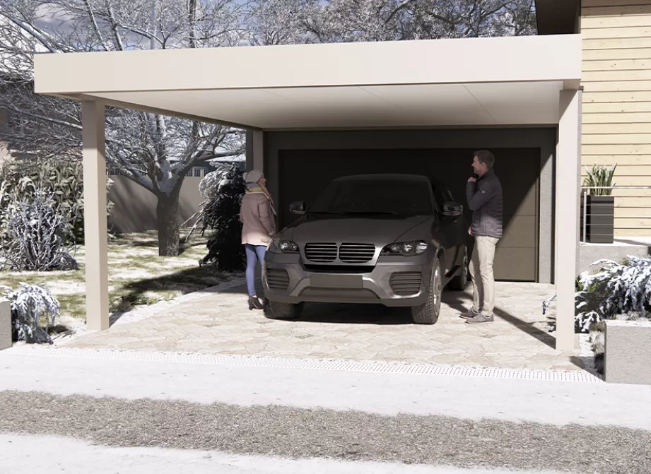 Carport Soko en aluminium abritant une voiture devant une maison