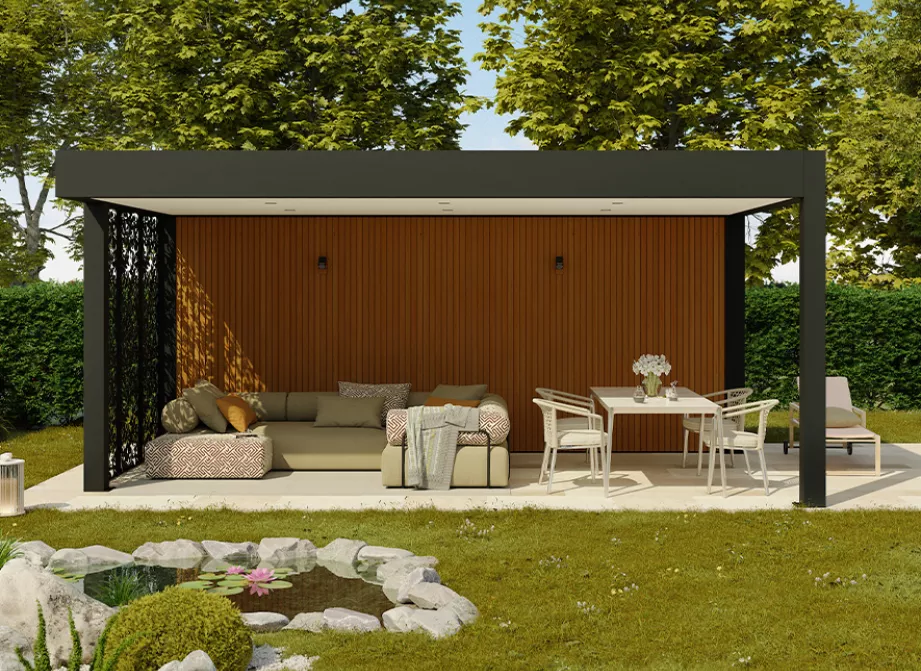 Poolhouse Soko en aluminium avec bardage bois et salon de jardin extérieur