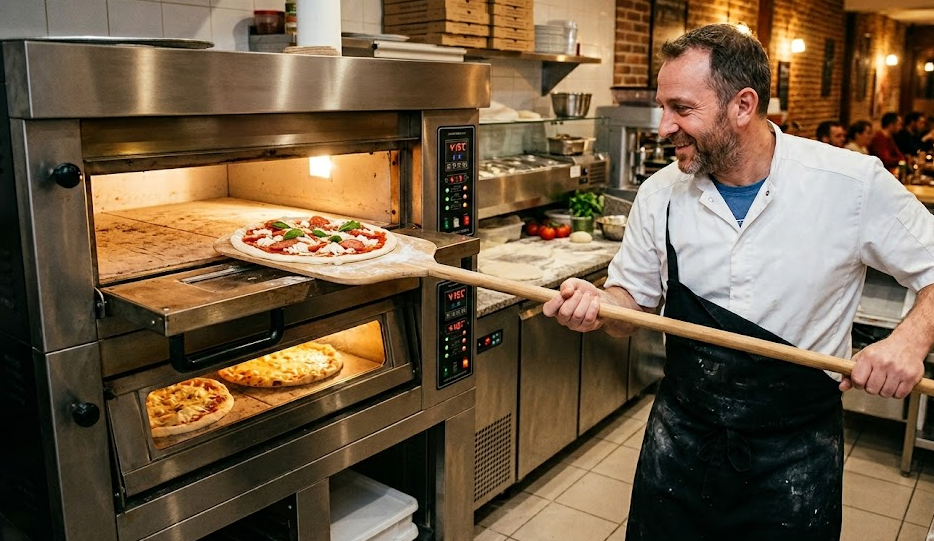 Chef enfournant des pizzas dans un four de cuisson professionnel.
