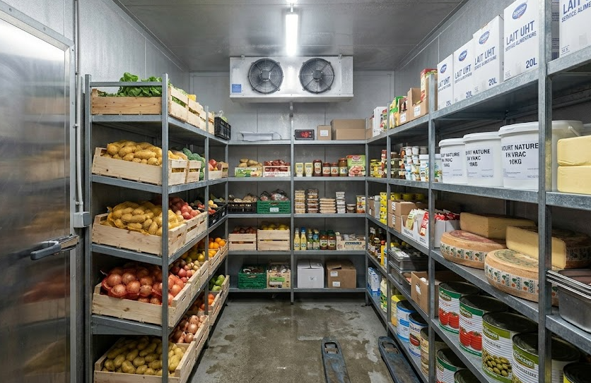 Chambre froide professionnelle organisée avec étagères et denrées.