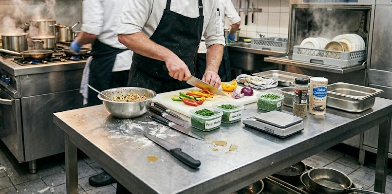Plan de travail inox avec dressage de plats en cuisine professionnelle.