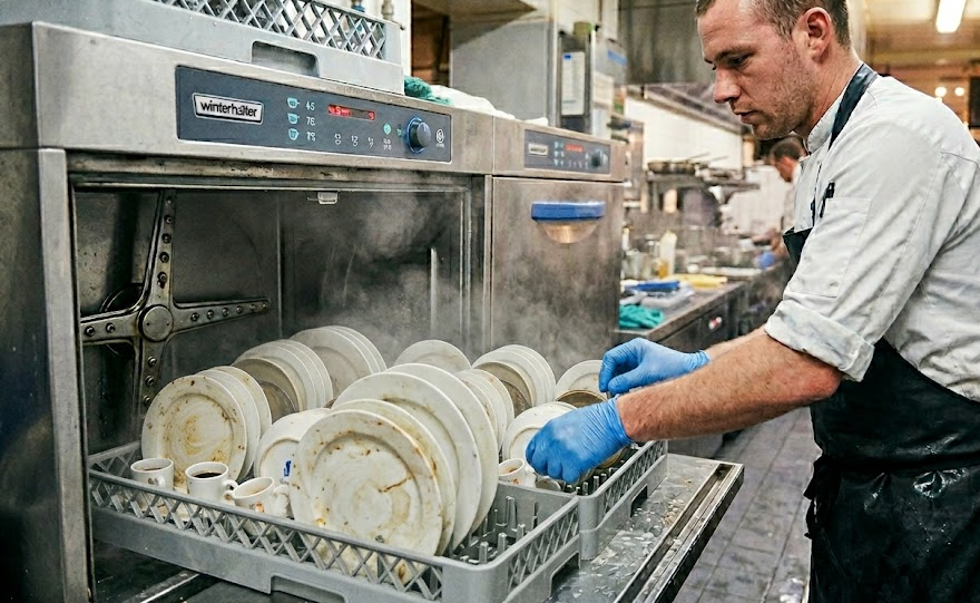 Professionnel chargeant un lave-vaisselle de plonge en cuisine.