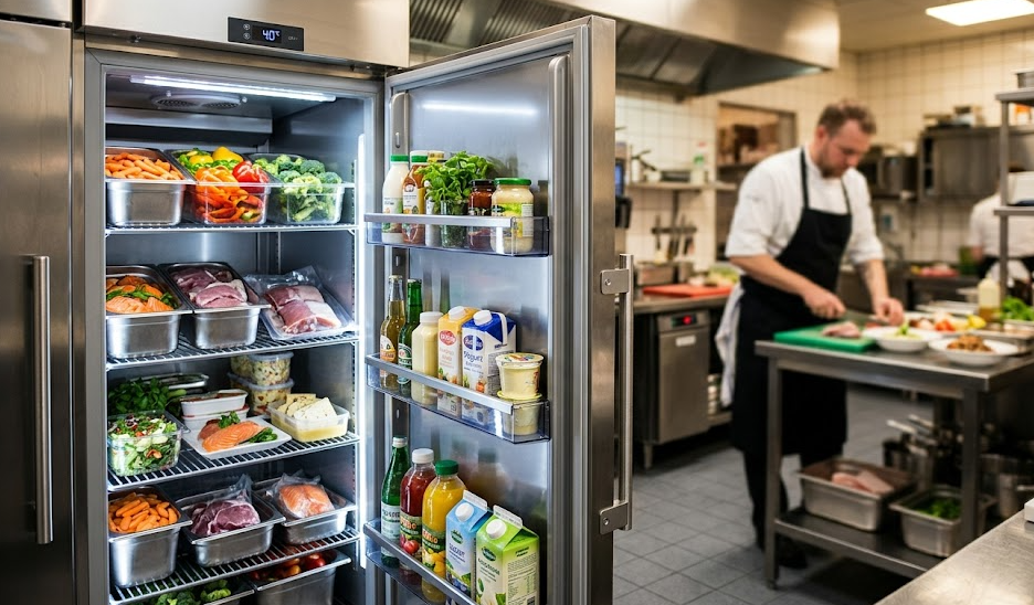 Cuisine professionnelle équipée : armoire réfrigérée ouverte, plan de travail inox et chef en service.