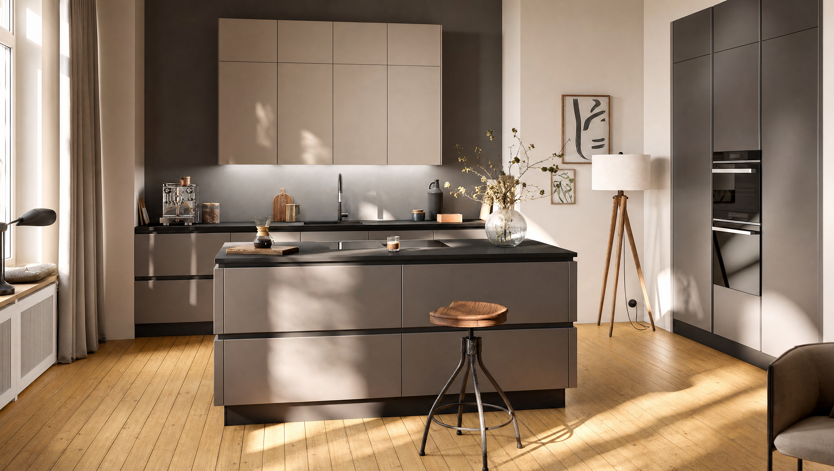 Cuisine grise et noire sur mesure, plan de travail en pierre